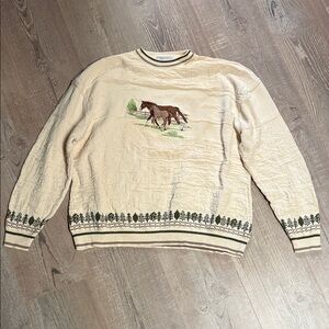 Vintage 100% Cotton Cream Sweater with Horse Embroidered Design